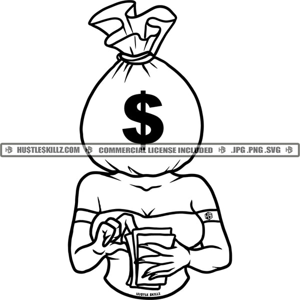 Woman Money Bag Head Counting Money Cash Hustler Grind Black and White Designs Logo Designs Elements Hustle Skillz SVG PNG JPG Vector Cutting Files Silhouette Cricut