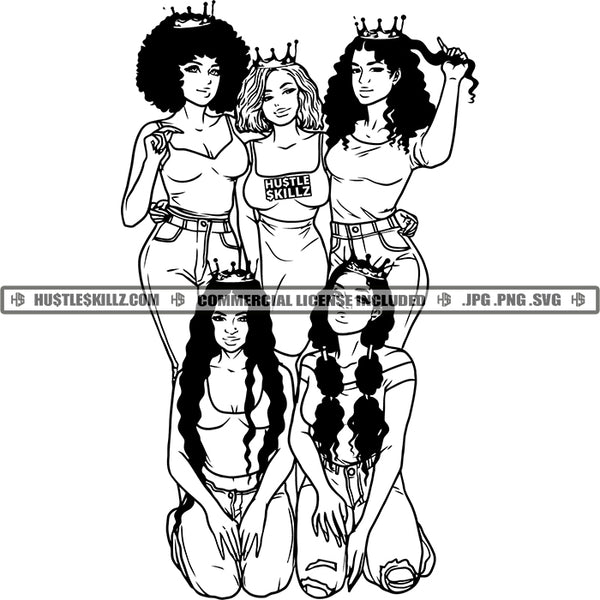 Queen Women Crown Nubian Best Friends Buddies Sistas Sisters Black and White Designs Logo Designs Elements Hustle Skillz SVG PNG JPG Vector Cutting Files Silhouette Cricut