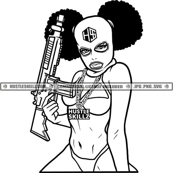 Gangster Woman Afro Puff Carrying Riffle Gangsta Ski Mask Melanin Ghetto Street Girl Black and White Designs Logo Designs Elements Hustle Skillz SVG PNG JPG Vector Cutting Files Silhouette Cricut