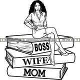 Boss Wife Mom Melanin Sitting Books Educated Black and White Designs Logo Designs Elements Hustle Skillz SVG PNG JPG Vector Cutting Files Silhouette Cricut