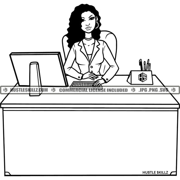 Lady Boss Business Woman Desk Melanin Educated Black and White Designs Logo Designs Elements Hustle Skillz SVG PNG JPG Vector Cutting Files Silhouette Cricut