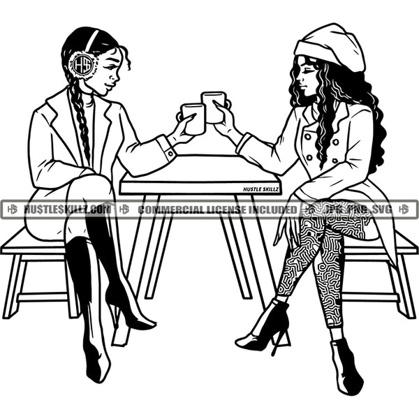 Best Friends Drinking Coffee Winter Outfits Sisters Sistas Bench Black and White Designs Logo Designs Elements Hustle Skillz SVG PNG JPG Vector Cutting Files Silhouette Cricut