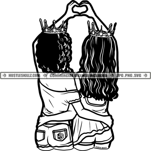 Best Friends Queens Crown Support Love Heart Sisters Sistas Buddies Black and White Designs Logo Designs Elements Hustle Skillz SVG PNG JPG Vector Cutting Files Silhouette Cricut