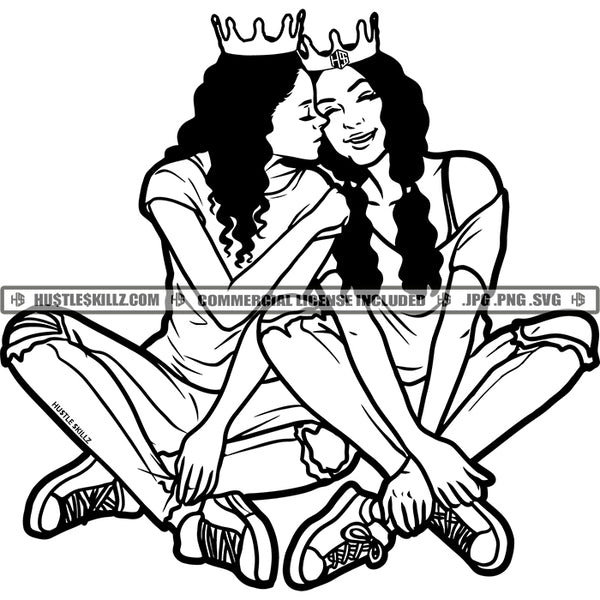 Best Friends Queens Crown Support Love Sisters Sistas Buddies Black and White Designs Logo Designs Elements Hustle Skillz SVG PNG JPG Vector Cutting Files Silhouette Cricut