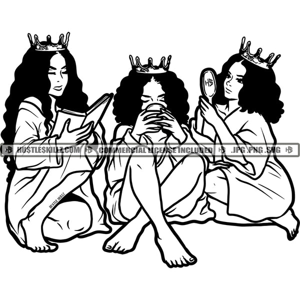 3 Queens Together Best Friends Queens Crown Support Love Sisters Sistas Buddies Black and White Designs Logo Designs Elements Hustle Skillz SVG PNG JPG Vector Cutting Files Silhouette Cricut