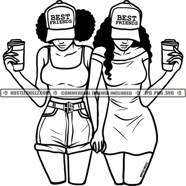 Best Friends Drinking Coffee Sisters Sistas Buddies Love Baseball hat Black and White Designs Logo Designs Elements Hustle Skillz SVG PNG JPG Vector Cutting Files Silhouette Cricut