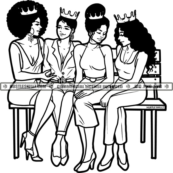 Queens Ladies Best Friends Crown Sisters Sistas Buddies Woman Support Love Black and White Designs Logo Designs Elements Hustle Skillz SVG PNG JPG Vector Cutting Files Silhouette Cricut