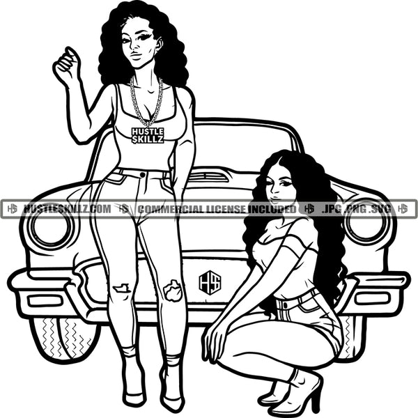 Woman Classy Car Best Friends Sisters Sistas Buddies Black and White Designs Logo Designs Elements Hustle Skillz SVG PNG JPG Vector Cutting Files Silhouette Cricut