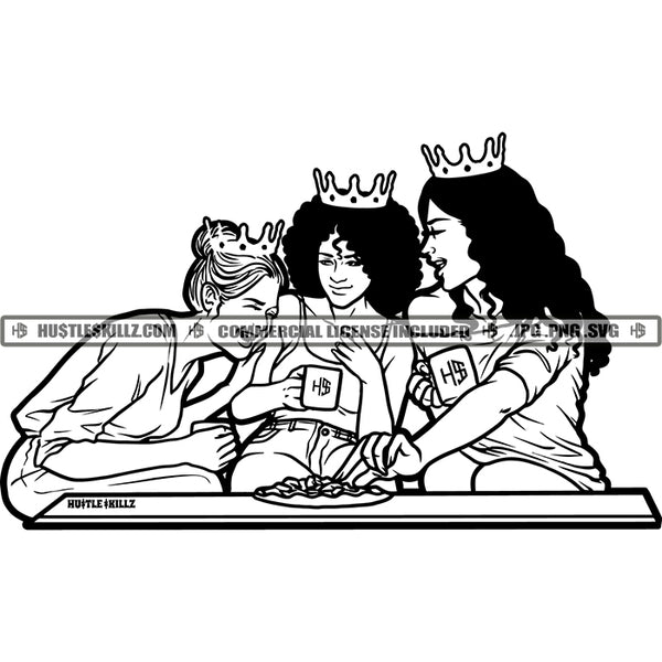 Queen Women Crown Best Friends Drinking Coffee Buddies Sisters Sistas Black and White Designs Logo Designs Elements Hustle Skillz SVG PNG JPG Vector Cutting Files Silhouette Cricut