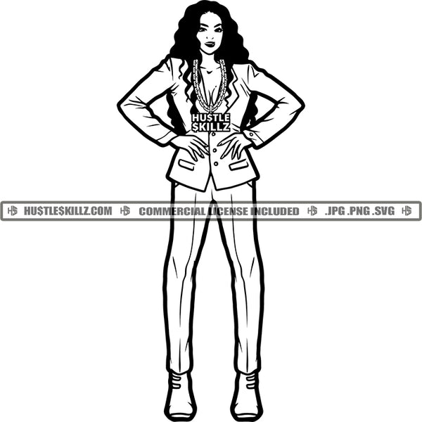 Boss Woman Classy Outfit Suit Hand In Waist Black and White Designs Logo Designs Elements Hustle Skillz SVG PNG JPG Vector Cutting Files Silhouette Cricut