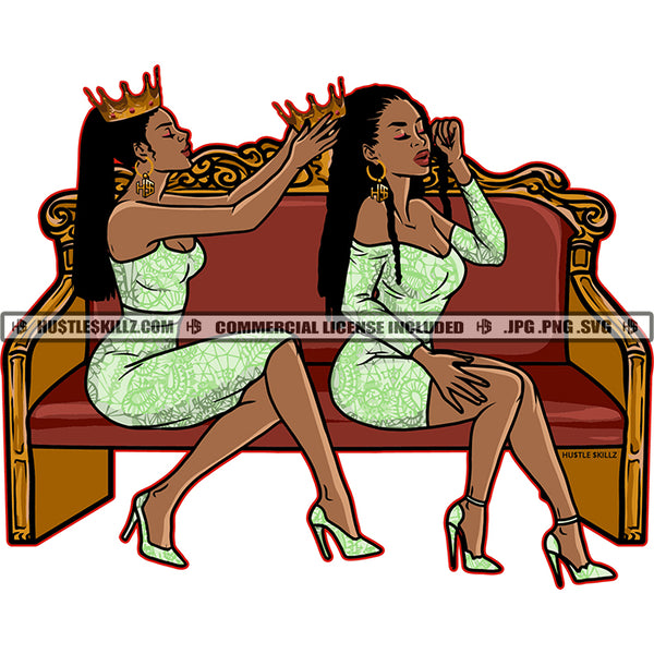 Queen Placing Crown Best Friends Buddies Sisters Sistas Matching Outfits Woman Together Crown Logo Hustle Skillz SVG PNG JPG Vector Cut  Files Silhouette Cricut
