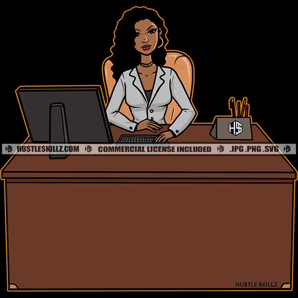 Boss Lady Sitting Desk Office Computer Desktop Business Woman Logo Hustle Skillz SVG PNG JPG Vector Cut  Files Silhouette Cricut