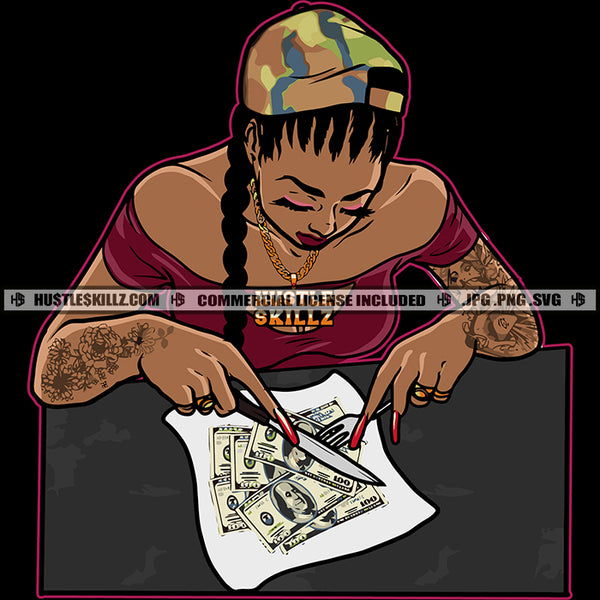 Business Gangster Woman Eating Money Stacks Plate Baseball hat Ghetto Street Girl Logo Hustle Skillz SVG PNG JPG Vector Cut  Files Silhouette Cricut