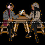 Best Friends Drinking Coffee Cold Weather Winter Outfit Table Bench Logo Hustle Skillz SVG PNG JPG Vector Cut  Files Silhouette Cricut