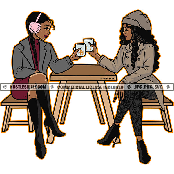 Best Friends Drinking Coffee Cold Weather Winter Outfit Table Bench Logo Hustle Skillz SVG PNG JPG Vector Cut  Files Silhouette Cricut