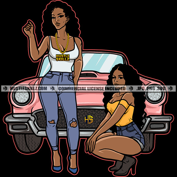 Squat Melanin Woman Antique Car Best Friends Buddies Sisters Sistas Woman Together Logo Hustle Skillz SVG PNG JPG Vector Cut  Files Silhouette Cricut
