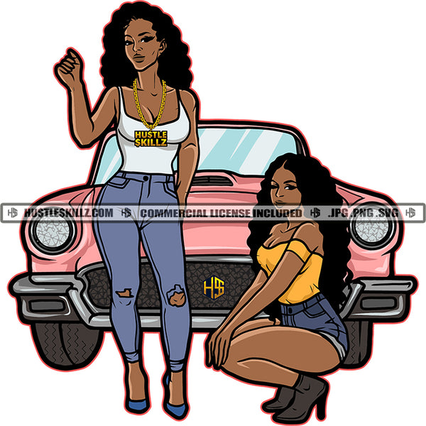 Squat Melanin Woman Antique Car Best Friends Buddies Sisters Sistas Woman Together Logo Hustle Skillz SVG PNG JPG Vector Cut  Files Silhouette Cricut