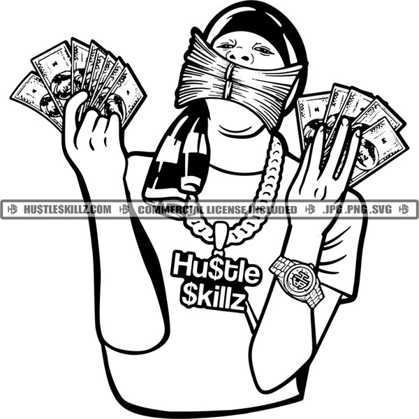 Man Money Stacks Mouth Bragging Showing Off Grind Hustler Logos Black And White Designs Hustle Skillz SVG PNG JPG Vector Cutting Files Silhouette Cricut