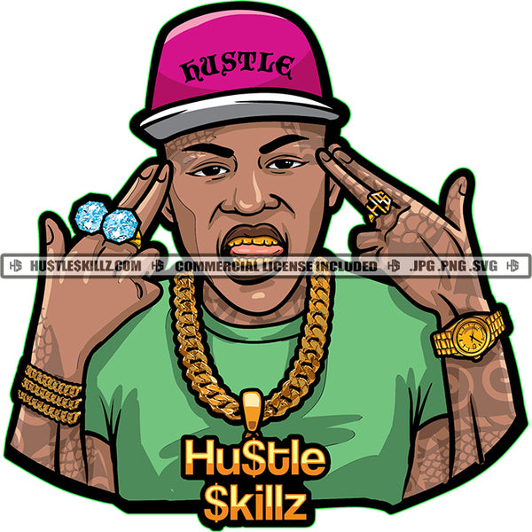 Black Man Baseball Cap Gold Teeth Gangster Logo Design Hustle Skillz SVG PNG JPG Vector Cut Files Silhouette Cricut