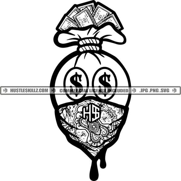 Money Bag Facemask Bandana Gangster Hip Hop Rap Logos Black And White Designs Hustle Skillz SVG PNG JPG Vector Cutting Files Silhouette Cricut