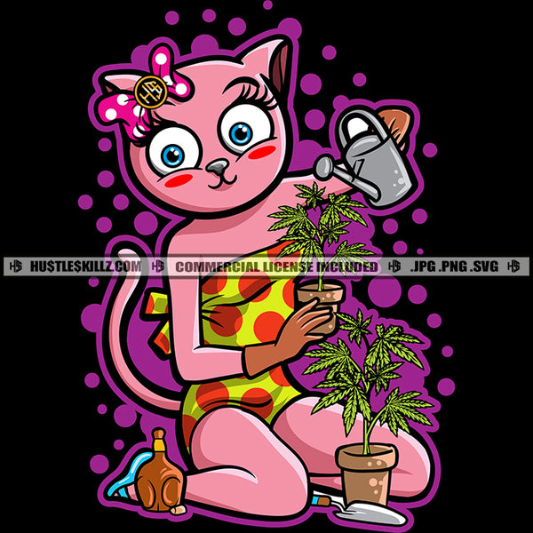 Garden Cannabis Smoking Blunt Marijuana Weed leaf Planter Pink Cat Feline Watering Can Leaves Logo Hustle Skillz SVG PNG JPG Vector Cut Files Silhouette Cricut