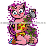 Garden Cannabis Smoking Blunt Marijuana Weed leaf Planter Pink Cat Feline Watering Can Leaves Logo Hustle Skillz SVG PNG JPG Vector Cut Files Silhouette Cricut