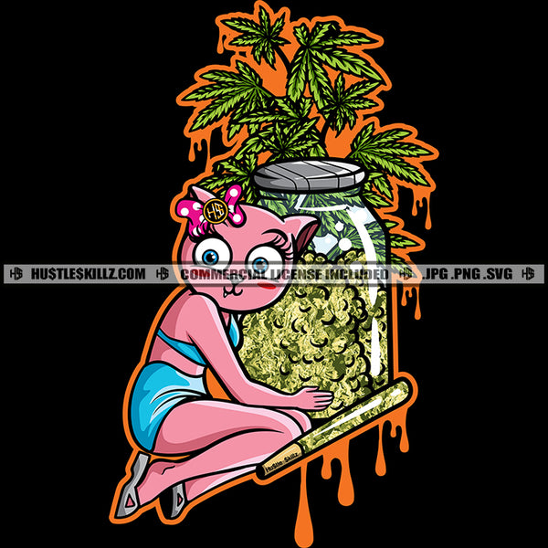 Cute Cat Woman Jar Plants Blunt Cannabis Smoking Blunt Marijuana Weed leaf Herbs Stoned High Life Hemp Organic Grass Logo Hustle Skillz SVG PNG JPG Vector Cut Files Silhouette Cricut