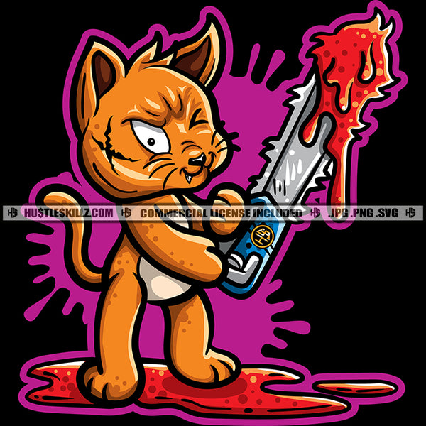 Scarface Creepy Cat Chainsaw Dripping Blood Horror Scary Spooky Monster Death Logo Hustle Skillz SVG PNG JPG Vector Cut Files Silhouette Cricut
