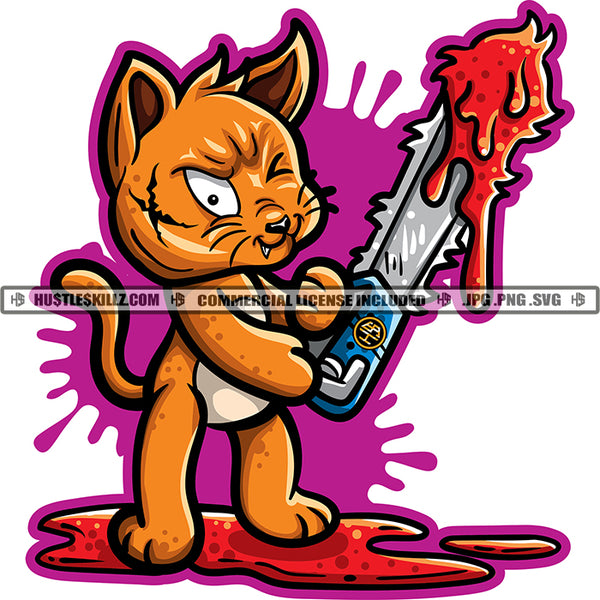 Scarface Creepy Cat Chainsaw Dripping Blood Horror Scary Spooky Monster Death Logo Hustle Skillz SVG PNG JPG Vector Cut Files Silhouette Cricut