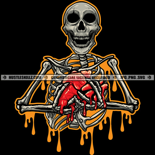 Dripping Skull Holding Heart Bleeding Blood Skeleton Bones Death Smile Creepy Logo Hustle Skillz SVG PNG JPG Vector Cut Files Silhouette Cricut