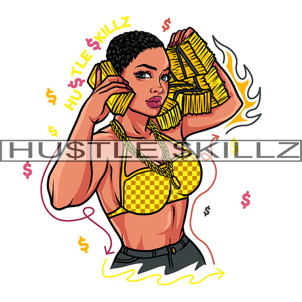 Melanin Woman Holding Money Stack Hustle Hustler Hustling Designs For Products SVG PNG JPG EPS Cut Cutting