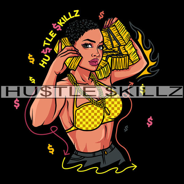 Melanin Woman Holding Money Stack Hustle Hustler Hustling Designs For Products SVG PNG JPG EPS Cut Cutting