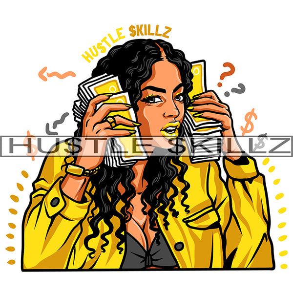 Melanin Woman Holding Money Stacks Hustle Hustler Hustling Designs For Products SVG PNG JPG EPS Cut Cutting