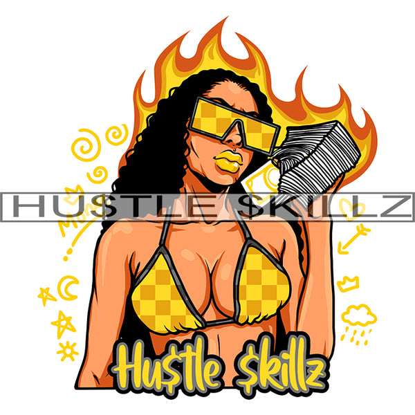 Melanin Woman Holding Money Stacks Flames Hustle Hustler Hustling Designs For Products SVG PNG JPG EPS Cut Cutting