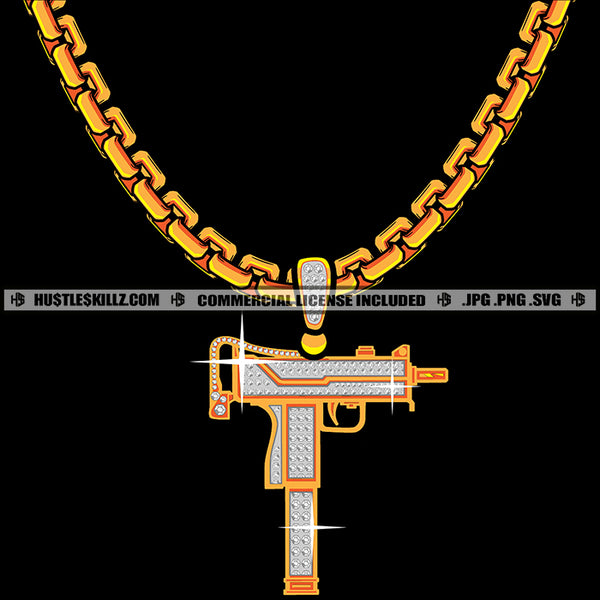 Handgun Diamond Charm Stone Gold Chain Jewelry Gem Golden Necklace Jewel Bling Bling Logo Hustle Skillz SVG PNG JPG Vector Cut Files Silhouette Cricut