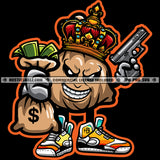 Money Bag Holding Cash King Crown Hand Gun Dollar Sign Eyes Grind Hustler Hustling Logo Hustle Skillz SVG PNG JPG Vector Cut Files Silhouette Cricut