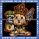 Crown Money Cash Dollar Bills Holding Protection Gun Logo Hustle Skillz SVG PNG JPG Vector Cut Files Silhouette Cricut