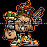 Money Bag Holding Cash King Crown Hand Gun Dollar Sign Grind Hustler Hustling Logo Hustle Skillz SVG PNG JPG Vector Cut Files Silhouette Cricut