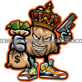 Money Bag Holding Cash King Crown Hand Gun Dollar Sign Grind Hustler Hustling Logo Hustle Skillz SVG PNG JPG Vector Cut Files Silhouette Cricut