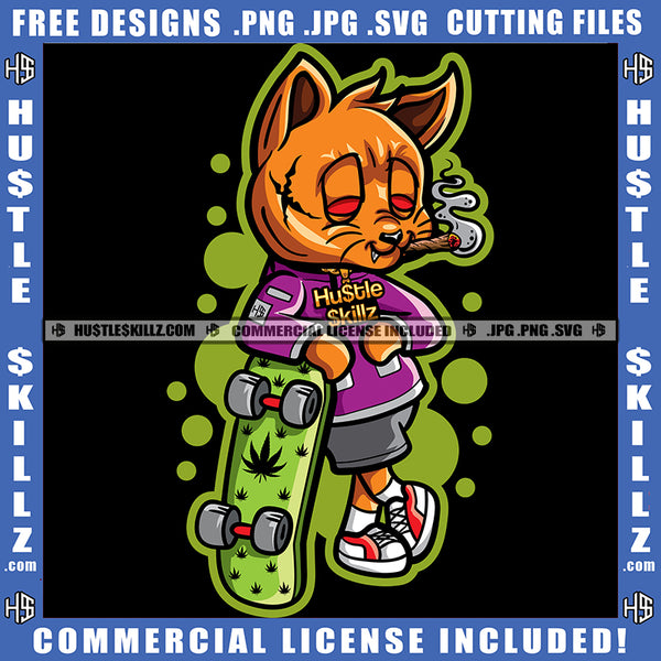 Happy Cat Skateboard Gold Chain Cannabis Smoking Blunt Marijuana Weed leaf Logo Hustle Skillz SVG PNG JPG Vector Cut Files Silhouette Cricut