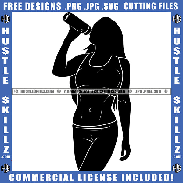 Black And White Woman Drinking Water Bathing Suit Thong Bantu Knots Weights Exercise Barbell Skillz SVG PNG JPG Vector Cutting Cricut Silhouette