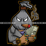 Gangster Money Bag Man Head Cigar Counting Cash No Eyes Grind Hustler Hustling Cannabis Smoking Blunt Marijuana Weed leaf Logo Hustle Skillz SVG PNG JPG Vector Cut Files Silhouette Cricut