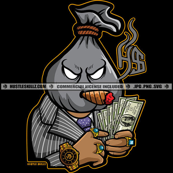 Gangster Money Bag Man Head Cigar Counting Cash No Eyes Grind Hustler Hustling Cannabis Smoking Blunt Marijuana Weed leaf Logo Hustle Skillz SVG PNG JPG Vector Cut Files Silhouette Cricut