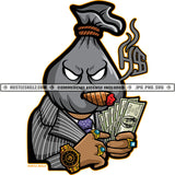 Gangster Money Bag Man Head Cigar Counting Cash No Eyes Grind Hustler Hustling Cannabis Smoking Blunt Marijuana Weed leaf Logo Hustle Skillz SVG PNG JPG Vector Cut Files Silhouette Cricut