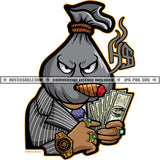 Money Bank Bag Head Cigar Cash Dollar Bills Male Pinstripe Suit Hustler Cannabis Smoking Blunt Marijuana Weed leaf Logo Hustle Skillz SVG PNG JPG Vector Cut Files Silhouette Cricut