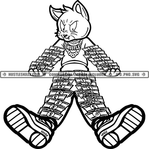 Gangster Cat Bragging Showing Off Money Body Logos Black And White Designs Hustle Skillz SVG PNG JPG Vector Cutting Files Silhouette Cricut