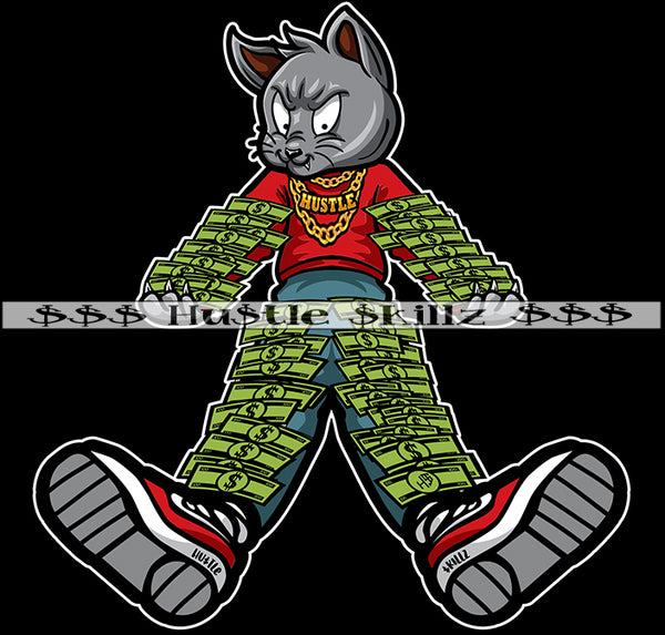 Gangster Cat Money All Over His Body Showing Off Cash Hustle Skillz Dope Hustler Hustling Designs For Products SVG PNG JPG EPS Cut Cutting