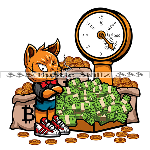 Gangster Cat Scar Face Big Scale Money Stacks Bitcoins Investor Cash Hustle Skillz Dope Hustler Hustling Designs For Products SVG PNG JPG EPS Cut Cutting