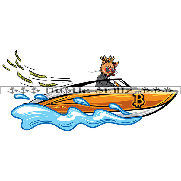 King Gangster Cat Driving Expensive Boat Bitcoin Investor Money Cash Hustle Skillz Dope Hustler Hustling Designs For Products SVG PNG JPG EPS Cut Cutting