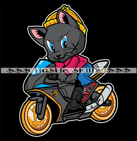 Cat Riding Sport Bike Bitcoin Wheel's Scar Face Gangster Money Cash Hustle Skillz Dope Hustler Hustling Designs For Products SVG PNG JPG EPS Cut Cutting